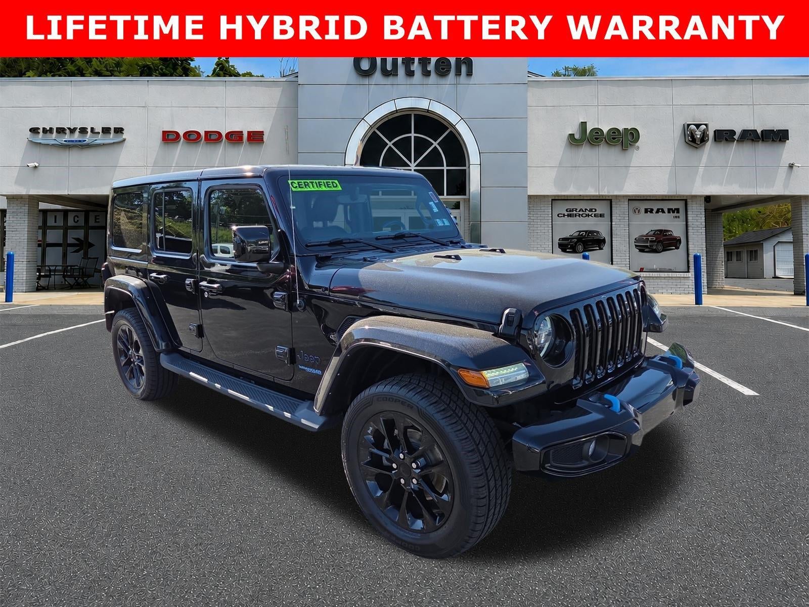 2021 Jeep Wrangler 4xe Unlimited Sahara High Altitude 4x4 in Black Clearcoat — front three-quarter view