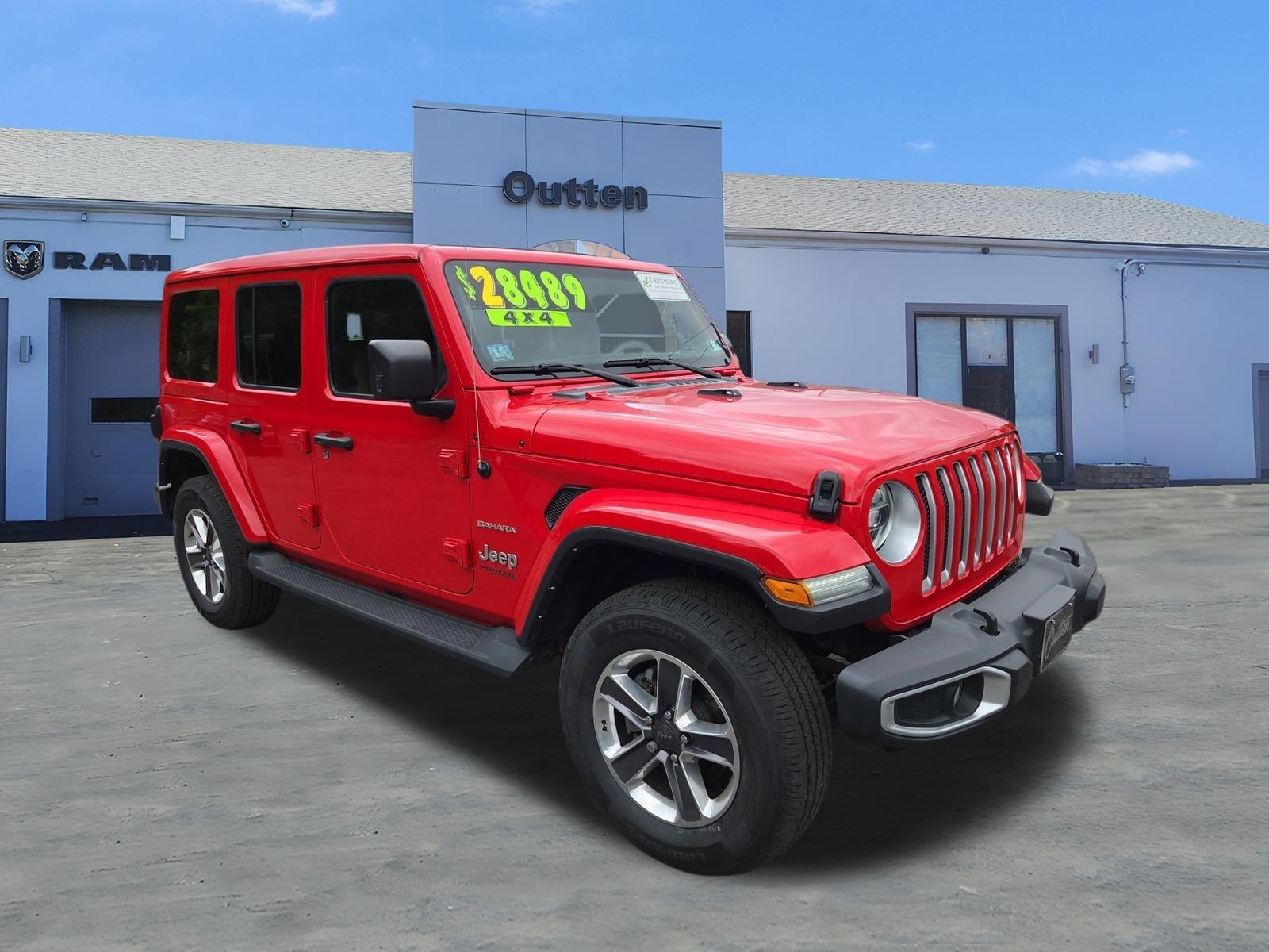 2021 Jeep Wrangler Unlimited Sahara 4x4 in Firecracker Red Clearcoat — front three-quarter view